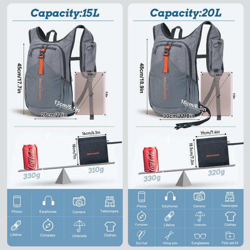 BECOJADDE 15L Small Hiking Backpack for Men Women Foldable Packable Back Pack Ultralight Hiking Daypack for Travel Camping Outdoor  Gray - Image 4